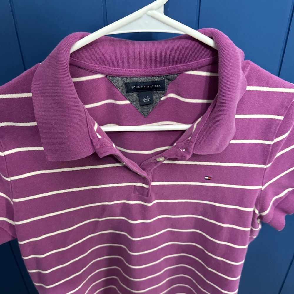 Tommy Hilfiger Women's Purple Striped Polo L - Picture 7 of 8